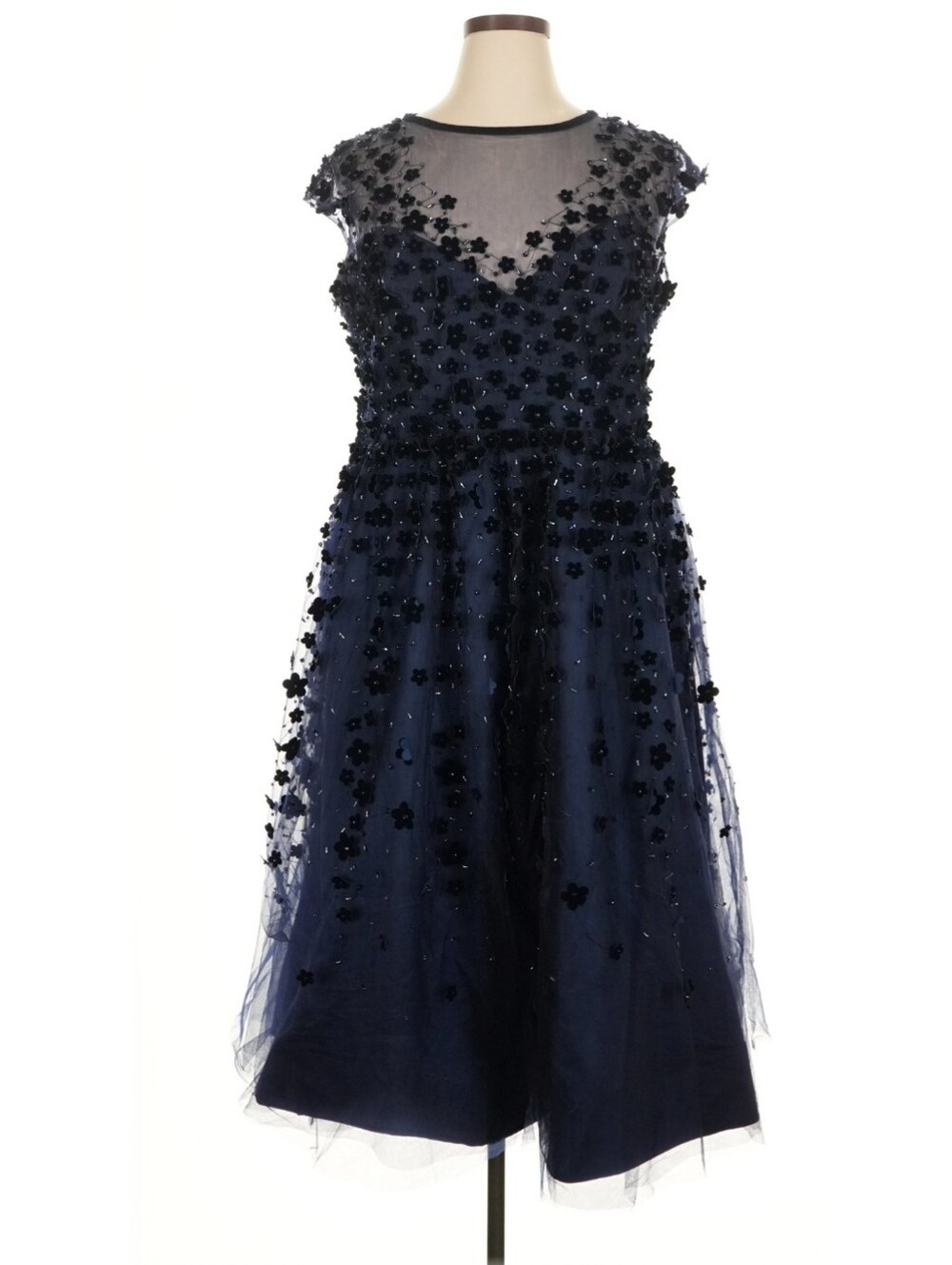 NWT Mac Duggal Elegant Navy Floral Appliqué Midi Dress Size 16